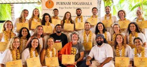 Yoga teacher training group at Agonda Beach Goa — Purnam Yogashala students and teachers