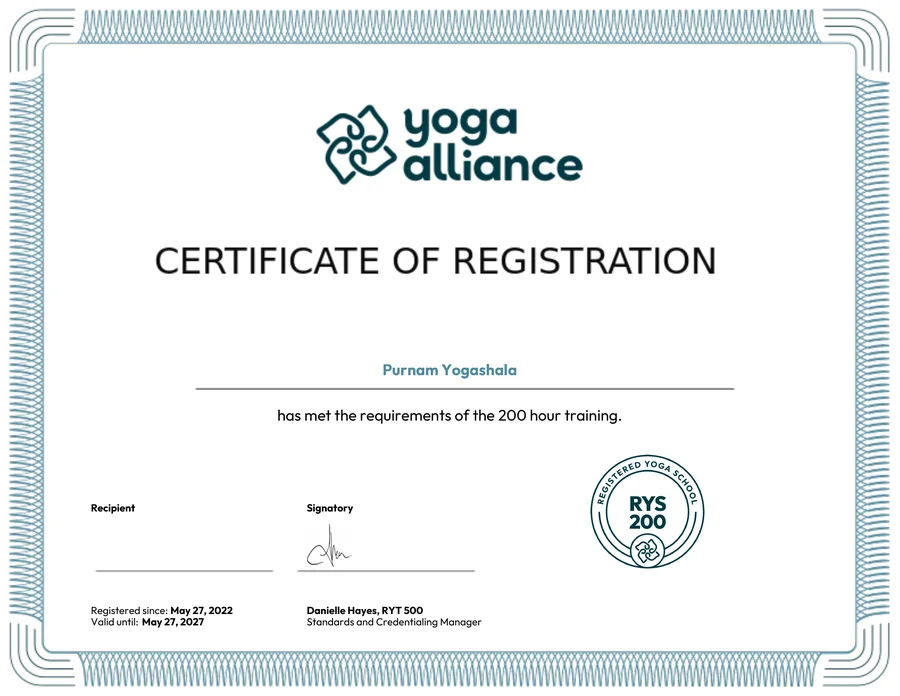 Yoga Alliance USA certificate from Purnam Yogashala 100 hour yoga teacher training Goa